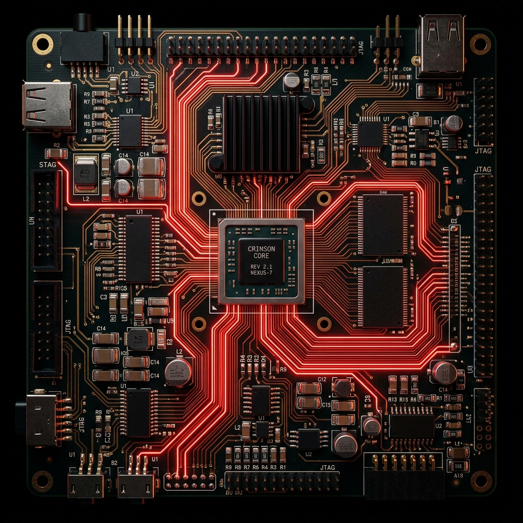EDGE proprietary circuit board with glowing red data pathways
